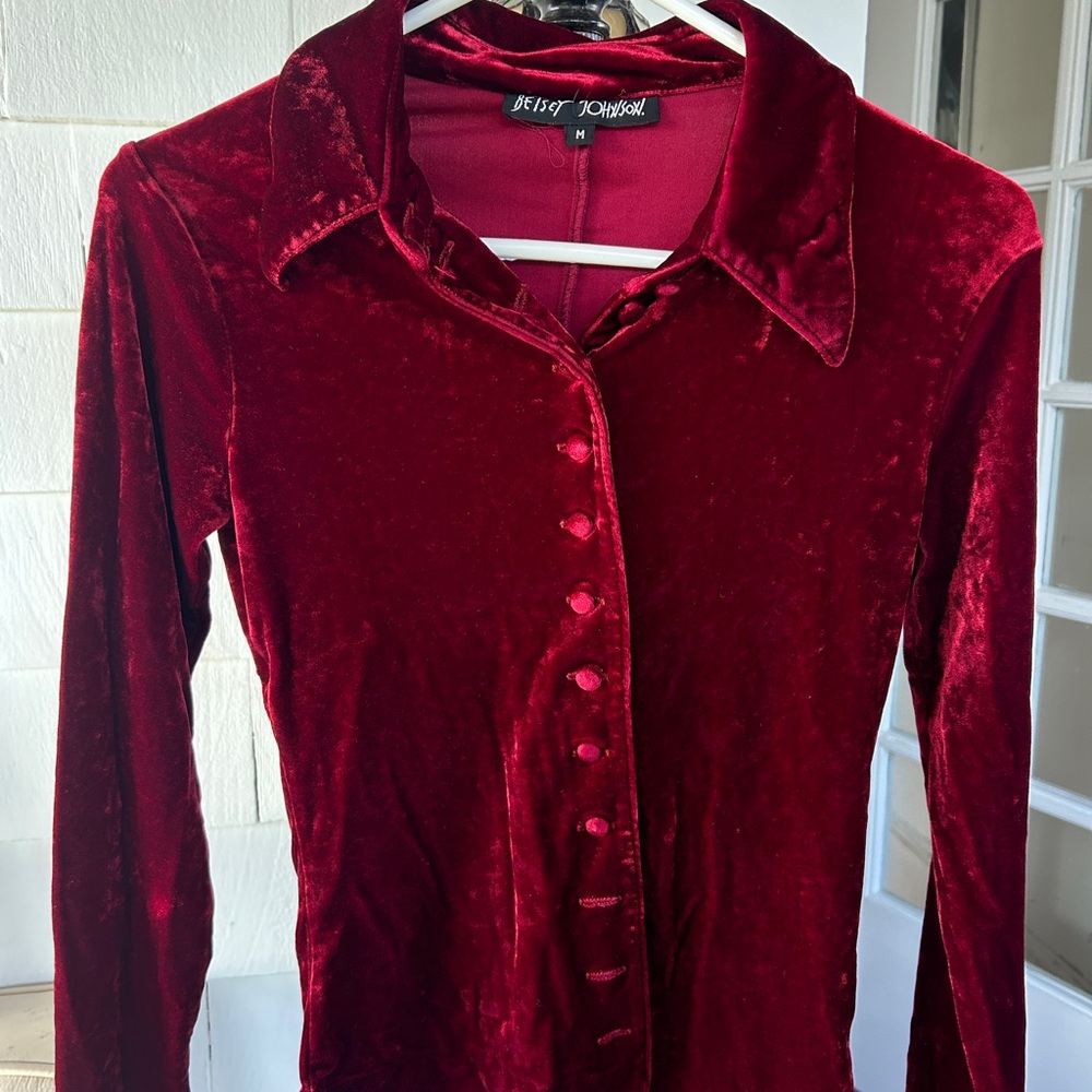 Betsey Johnson Burgundy Velvet Button Down Shirt